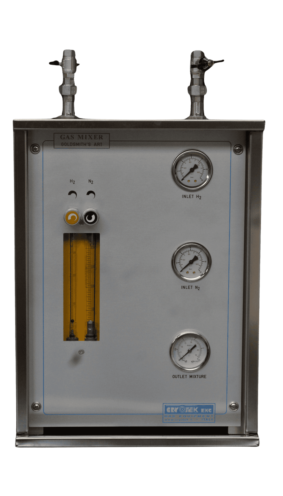 Attrezzatura per la miscelazione di gas con ingressi etichettati per idrogeno e azoto, un manometro per la miscela in uscita, due valvole sulla parte superiore e un indicatore di livello di liquido giallo visibile. Il design specifico garantisce un controllo preciso sul processo di miscelazione.